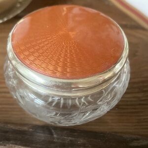 Silver and Guilloche enameled lidded cut glass rouge pot